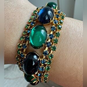 Vintage ALVA Signed Glowy Blue & Green Glass Cabochon Bracelet 7.25”